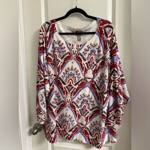 Chico’s Watercolor Medallion Dolman Boat Neck Top SZ 4 Pullover Long Sleeve Red